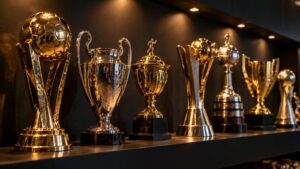Fileira de troféus dourados e prateados iluminados, simbolizando os títulos dos clubes nordestinos