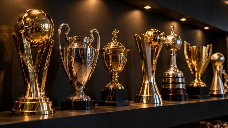 Fileira de troféus dourados e prateados iluminados, simbolizando os títulos dos clubes nordestinos