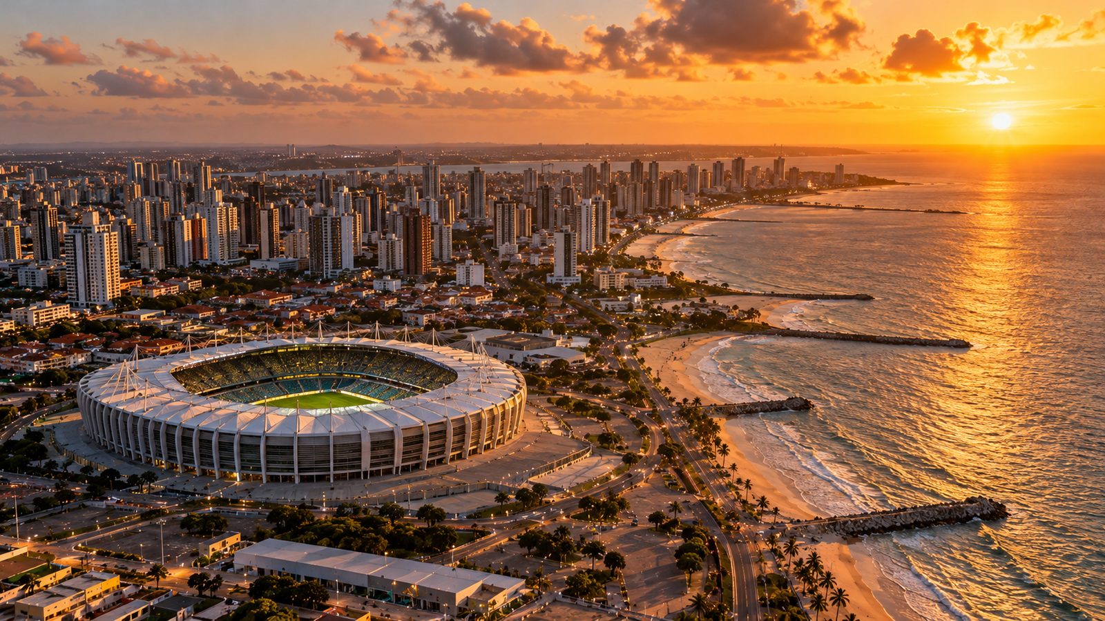 Vista aérea de capital nordestina com estádio moderno perto do mar ao entardecer