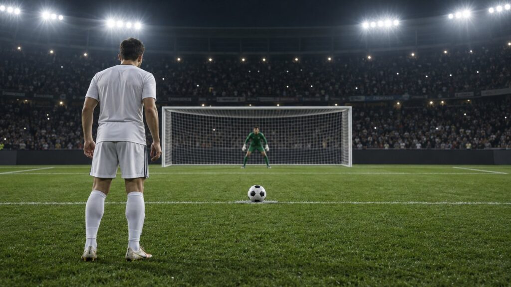 Cobrador posicionado diante do goleiro antes de um pênalti