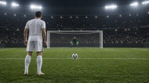 Cobrador posicionado diante do goleiro antes de um pênalti