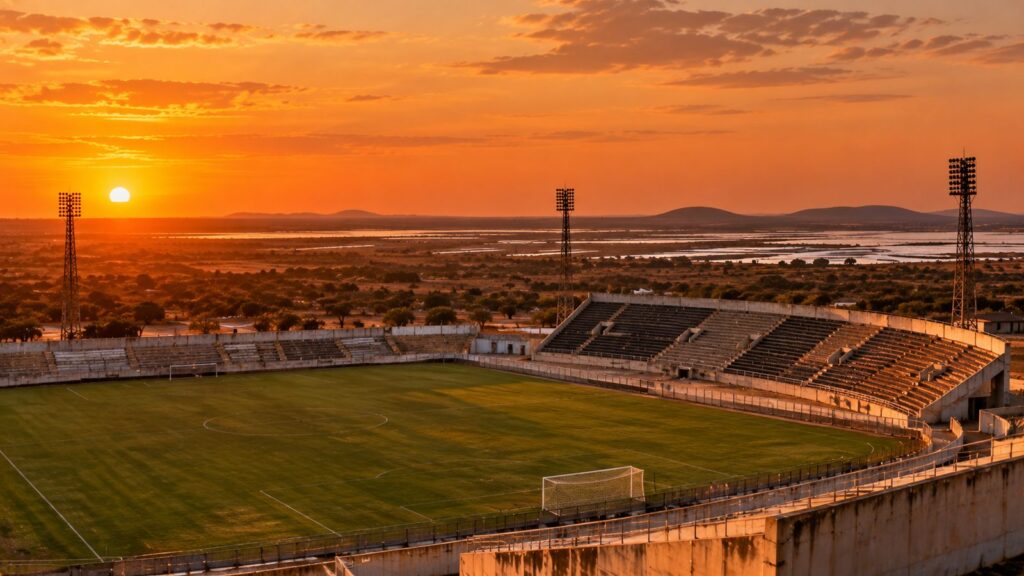 Estádio simples em Mossoró ao pôr do sol, com paisagem do semiárido potiguar