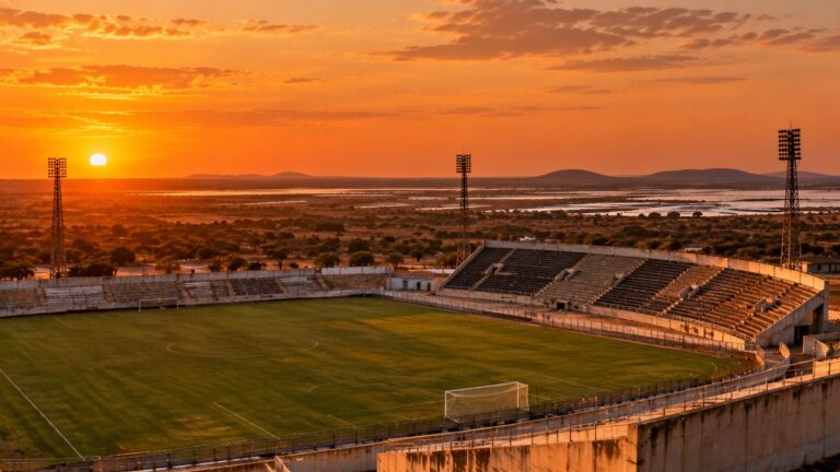 Estádio simples em Mossoró ao pôr do sol, com paisagem do semiárido potiguar