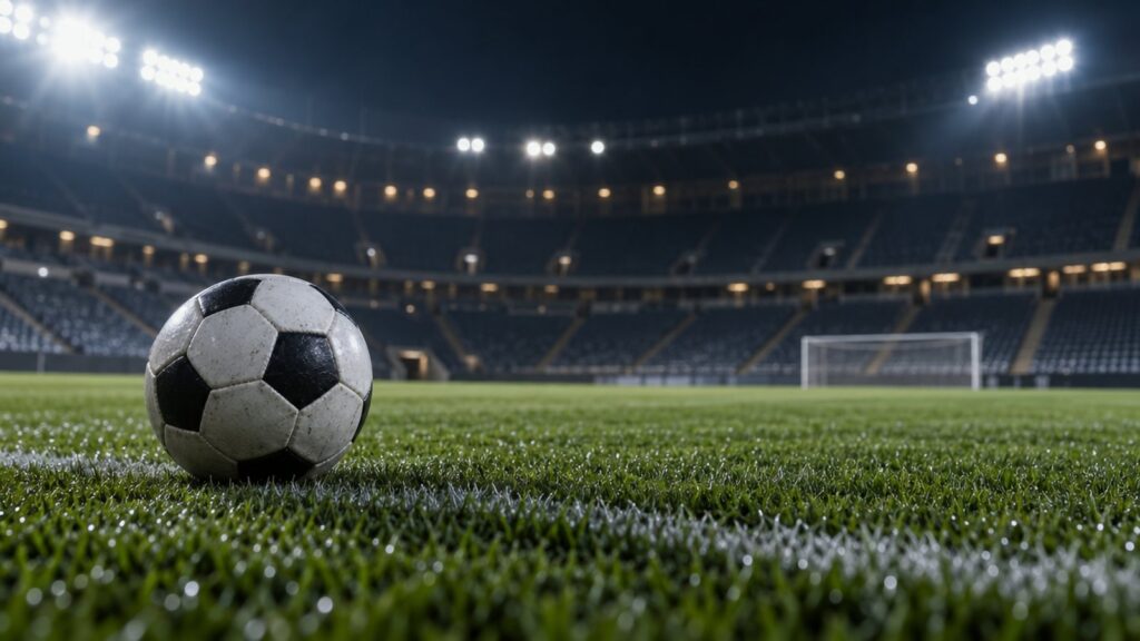 Bola no gramado de estádio iluminado, ilustrando o ranking de clubes
