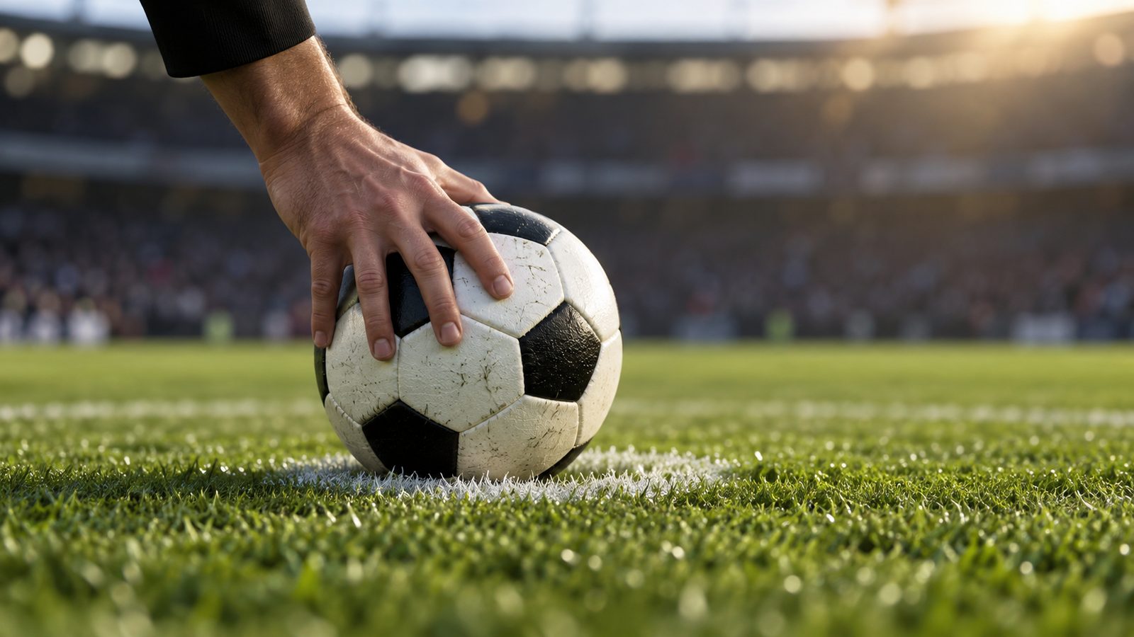 Bola posicionada no centro do campo antes do início de uma partida do quadrangular