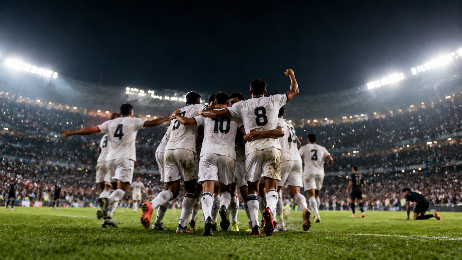 Jogadores comemorando classificação em jogo noturno de mata-mata