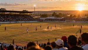 Partida de futebol em estádio regional brasileiro ao entardecer, com arquibancada cheia