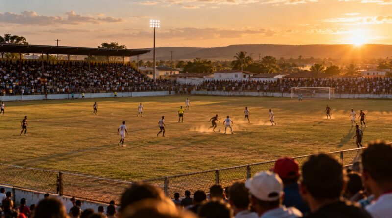 Partida de futebol em estádio regional brasileiro ao entardecer, com arquibancada cheia