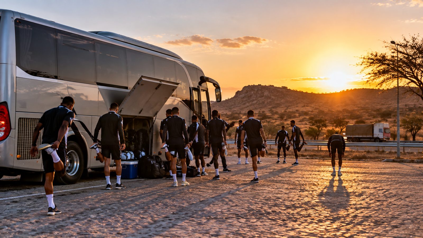 Ônibus de delegação de futebol em parada de estrada no Nordeste durante viagem regional
