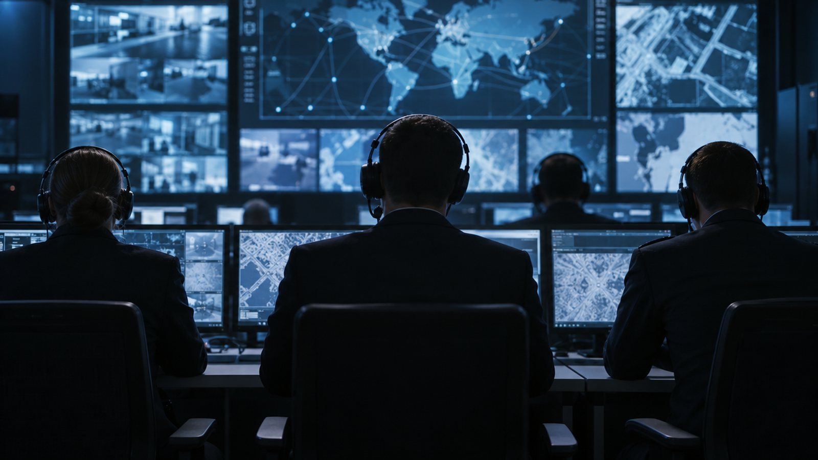 Central de vídeo com árbitros acompanhando as imagens de uma partida