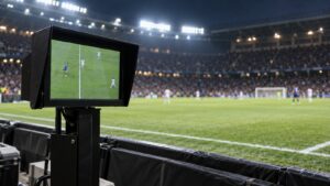 Monitor de revisão do VAR à beira do gramado