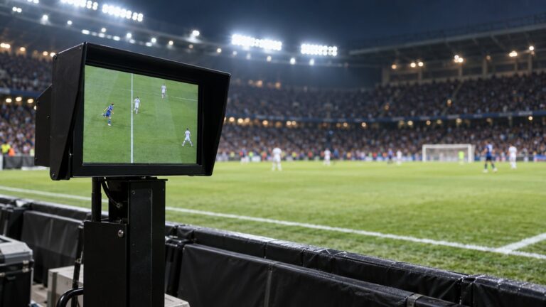Monitor de revisão do VAR à beira do gramado