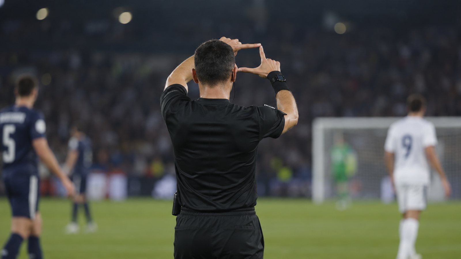 Árbitro fazendo o sinal da TV para indicar revisão do VAR
